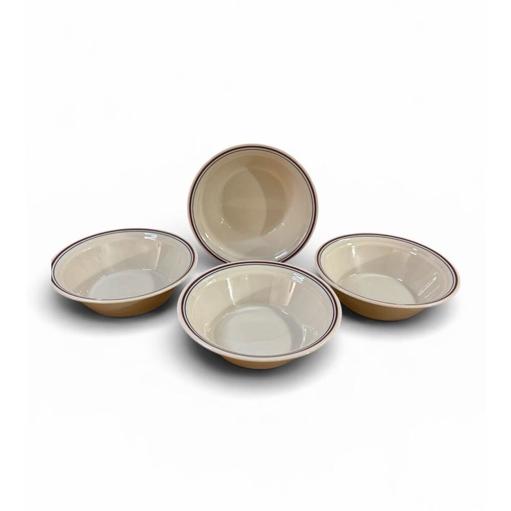 4 Corelle Abundance Fruit 6.75" Soup Cereal Bowls Beige w/Blue & Red Band